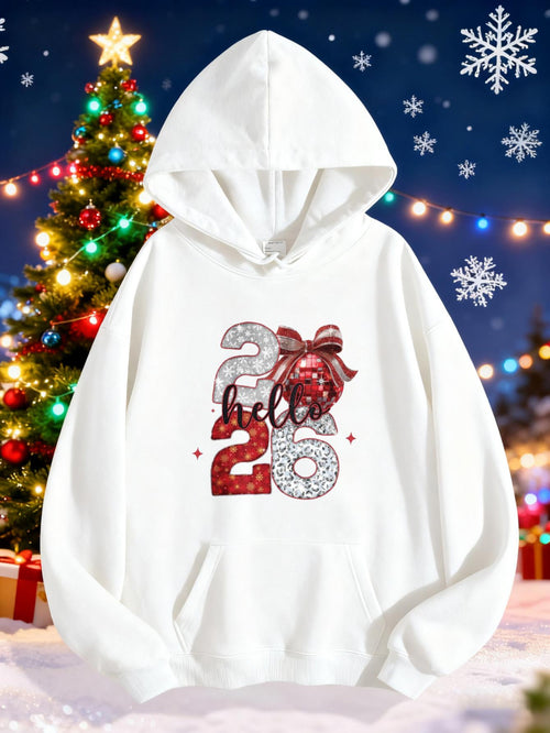 Women's Graphic Hoodie Hello Glittering Ribbon And Snowflakes Holiday Numbers