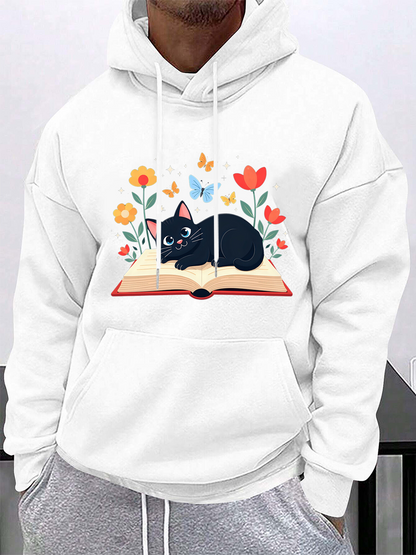 Men's Graphic Hoodie Colorful Flowers And Butterflies With Sleeping Cat On Open Book