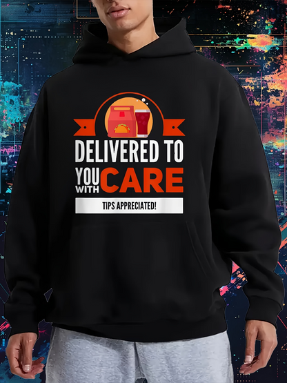 Men's Graphic Hoodie Delivered To You With Care Tips Appreciated Fast Food Delivery Paper Bag