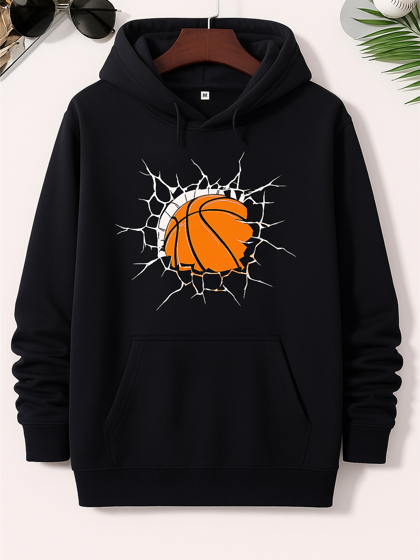 Men's Graphic Hoodie Exploding Wall Pattern With Cracked Lines Surrounding Orange Basketball