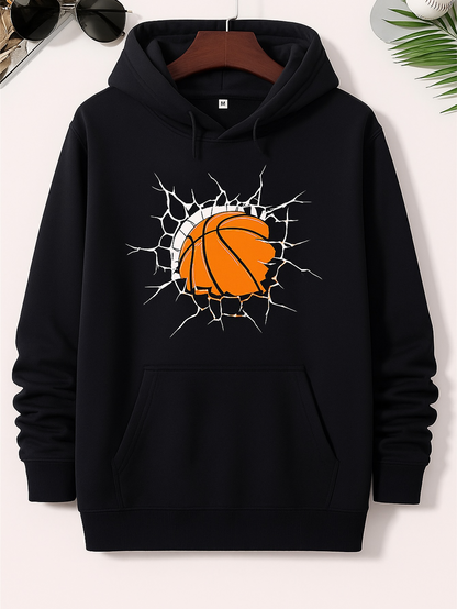Men's Graphic Hoodie Exploding Wall Pattern With Cracked Lines Surrounding Orange Basketball