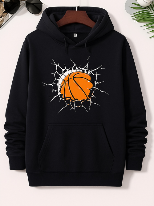 Men's Graphic Hoodie Exploding Wall Pattern With Cracked Lines Surrounding Orange Basketball