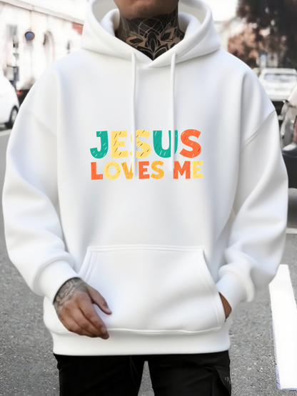 Men's Graphic Hoodie Jesus Loves Me With Vibrant Pastel Lettering On Cozy Hoodie