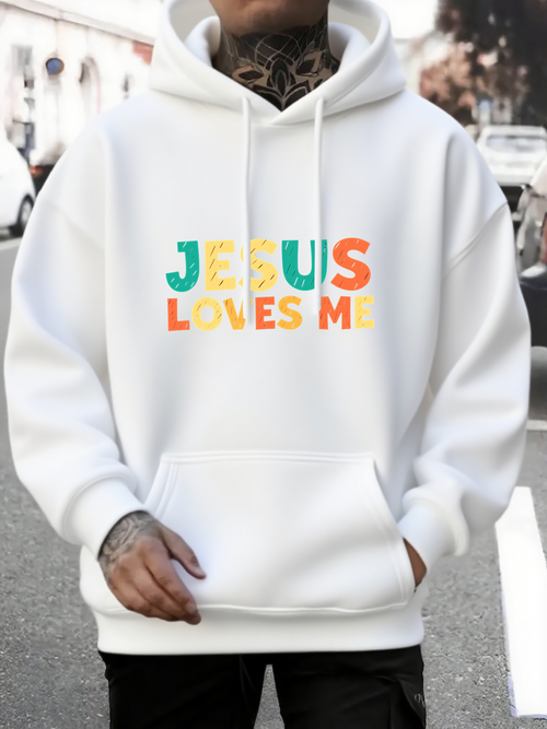 Men's Graphic Hoodie Jesus Loves Me With Vibrant Pastel Lettering On Cozy Hoodie
