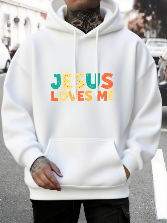 Men's Graphic Hoodie Jesus Loves Me With Vibrant Pastel Lettering On Cozy Hoodie