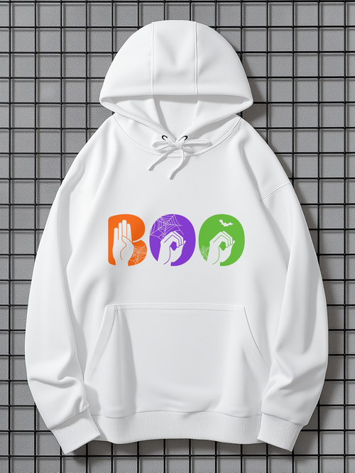 Men's Graphic Hoodie Boo With Multicolored Playful Hand Signs On White Hoodie