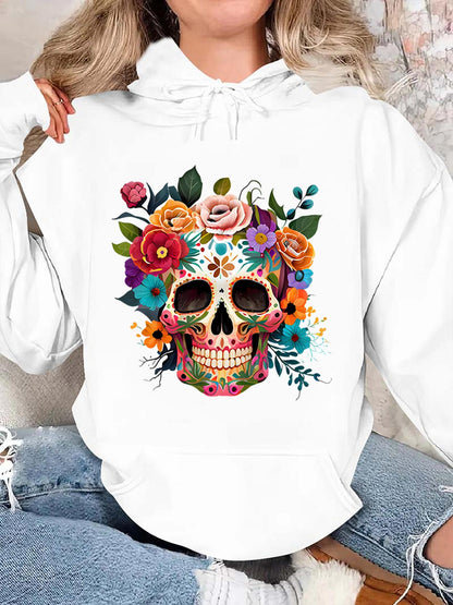 Women's Graphic Hoodie Vivid Floral Surrounded Vibrant Colorful Arrangements Around Detailed Skull