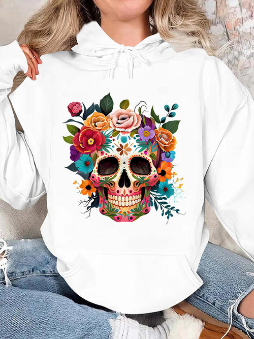 Women's Graphic Hoodie Vivid Floral Surrounded Vibrant Colorful Arrangements Around Detailed Skull