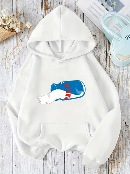 Women's Graphic Hoodie Sleeping Cat Curled Up Inside A Blue Cup Surrounded By Cozy Atmosphere