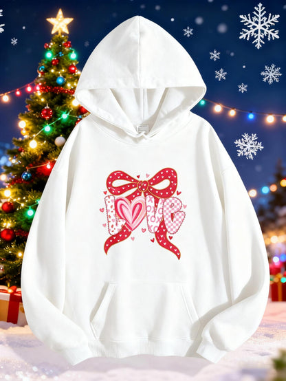 Women's Graphic Hoodie Love With Christmas Lights And Festive Red Bow Hoodie