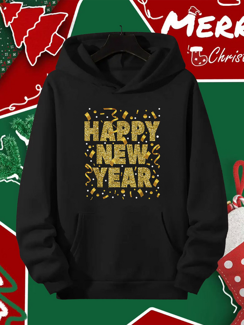 Men's Graphic Hoodie Happy New Year Festive Confetti And Streamers Pattern Highlighting Bold Text Hoodie