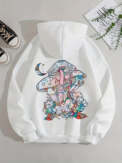 Women's Graphic Hoodie Botanical Dreamland With Blossoming Flowers Colorful Mushrooms And Crescent Moon Mushroom