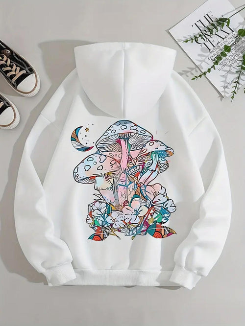 Women's Graphic Hoodie Botanical Dreamland With Blossoming Flowers Colorful Mushrooms And Crescent Moon Mushroom