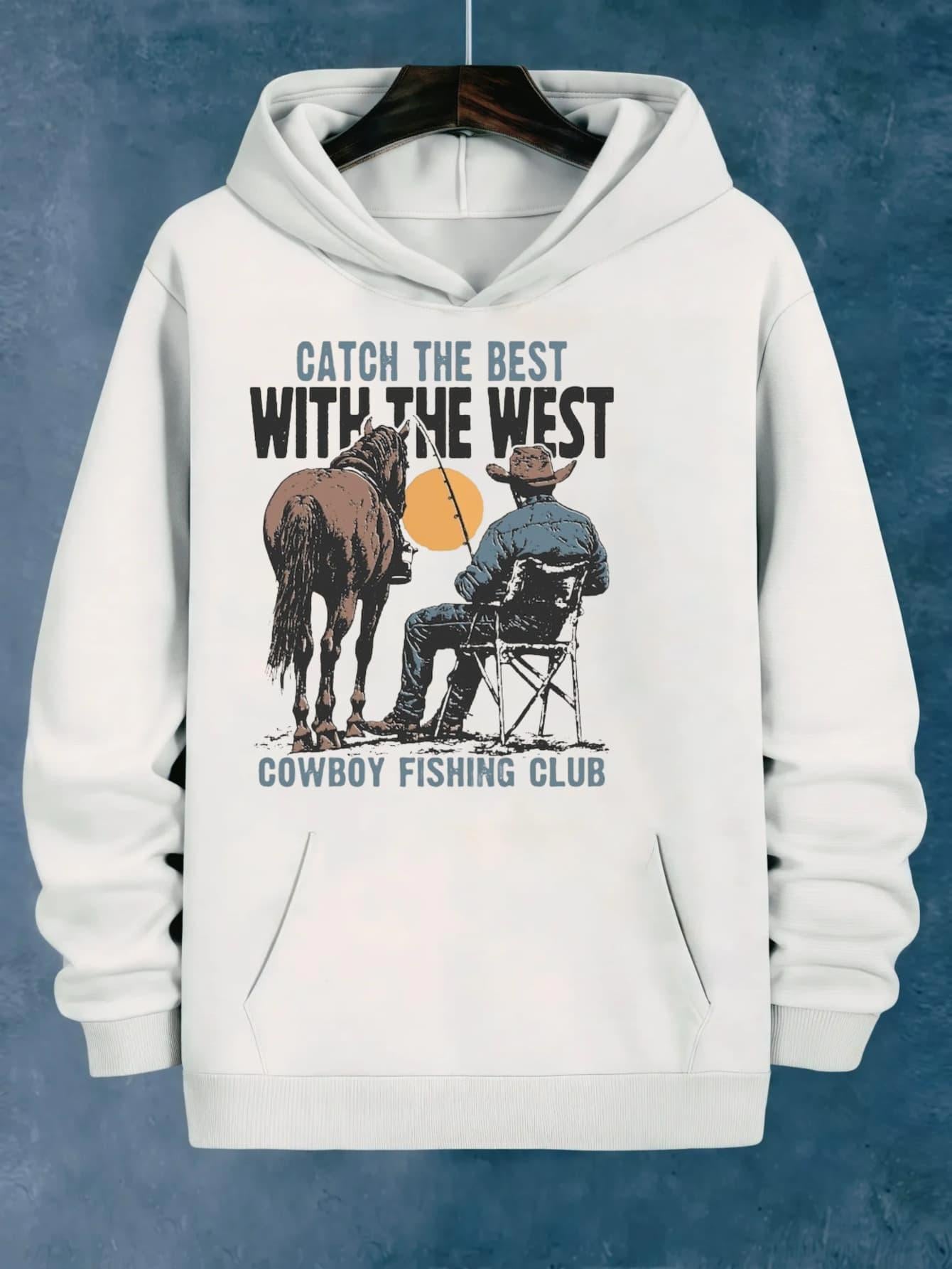 Women's Graphic Hoodie Catch The Best With The West Fisherman Sitting By Horse Under Orange Sun Cowboy