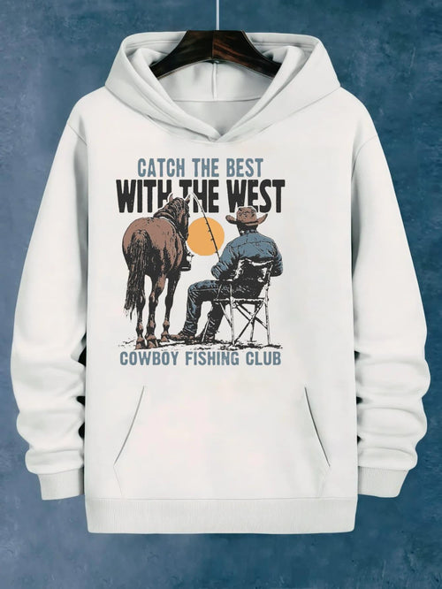Women's Graphic Hoodie Catch The Best With The West Fisherman Sitting By Horse Under Orange Sun Cowboy