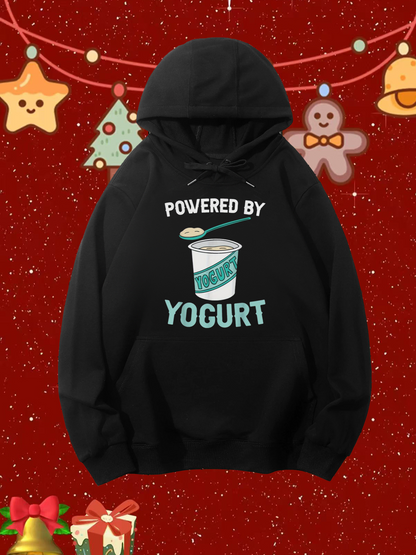 Men's Graphic Hoodie Powered By Yogurt Green Spoon And Cup Of Yogurt Illustration
