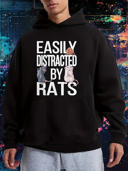Men's Graphic Hoodie Easily Distracted By Rats Cartoon Rodents Among Neon Light Effects Rats