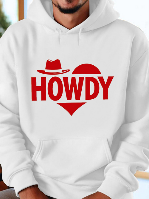 Men's Graphic Hoodie Howdy Bold Red Letters With Hat And Heart Motif Hoodie