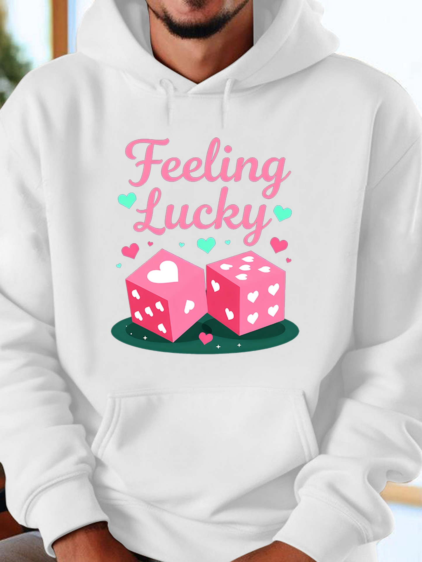 Men's Graphic Hoodie Feeling Lucky Colorful Hearts With Cute Dotted Pink Dice