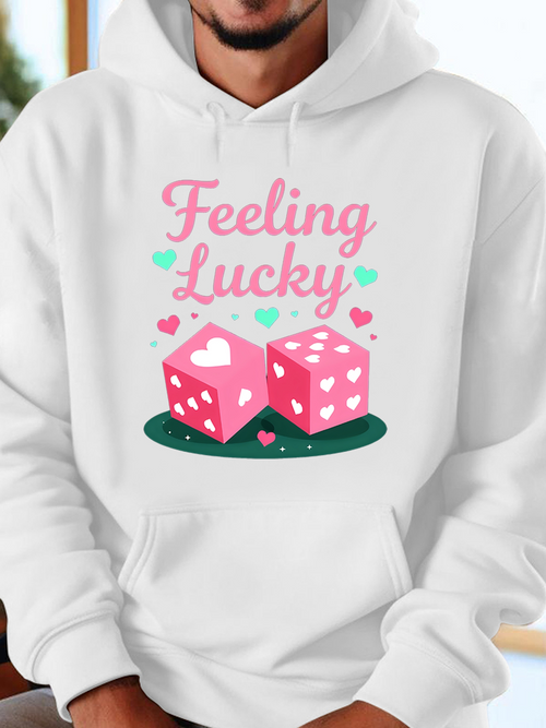 Men's Graphic Hoodie Feeling Lucky Colorful Hearts With Cute Dotted Pink Dice