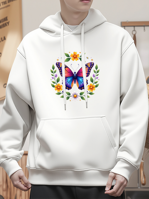 Men's Graphic Hoodie Colorful Floral Wreath With Lush Leaves Surrounding A Vibrant Butterfly