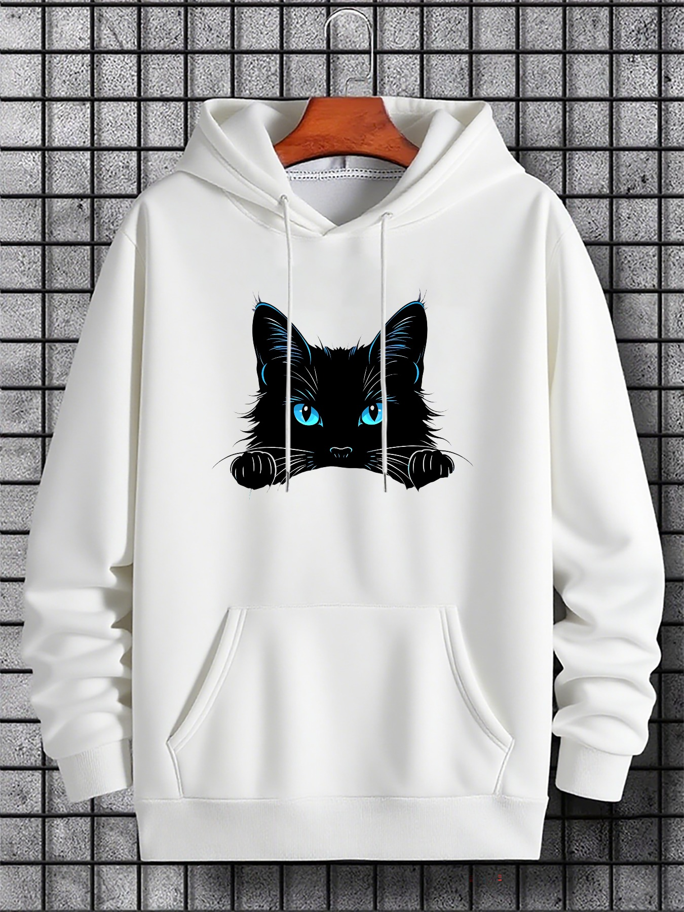 Men's Graphic Hoodie Bright Blue Eyes Staring Out Black Furry Cat Hoodie