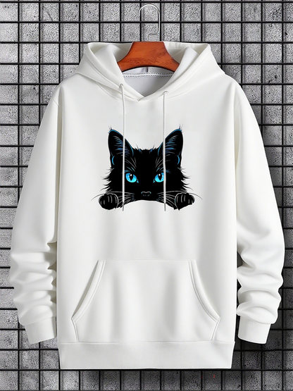 Men's Graphic Hoodie Bright Blue Eyes Staring Out Black Furry Cat Hoodie