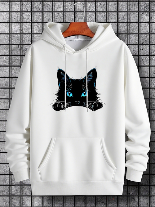 Men's Graphic Hoodie Bright Blue Eyes Staring Out Black Furry Cat Hoodie