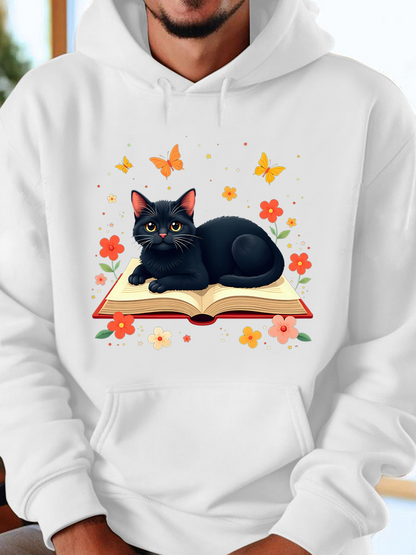 Men's Graphic Hoodie Spring Flowers With Butterflies Fluttering Among Blossoms Book And Black Cat