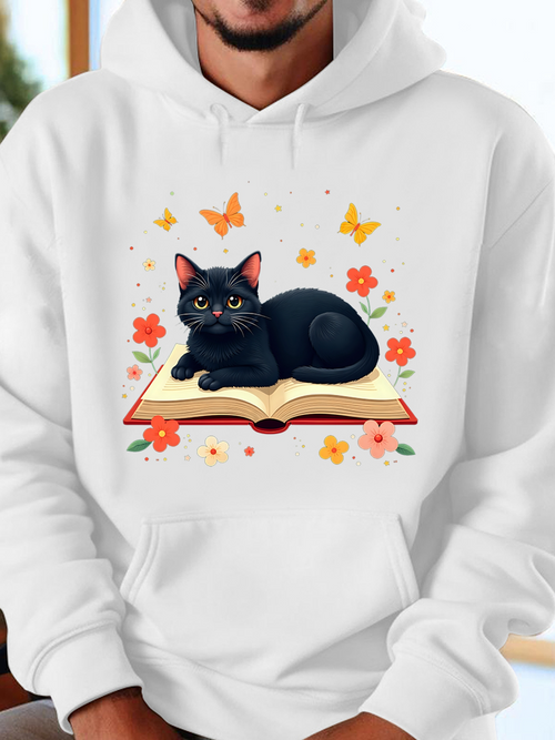 Men's Graphic Hoodie Spring Flowers With Butterflies Fluttering Among Blossoms Book And Black Cat