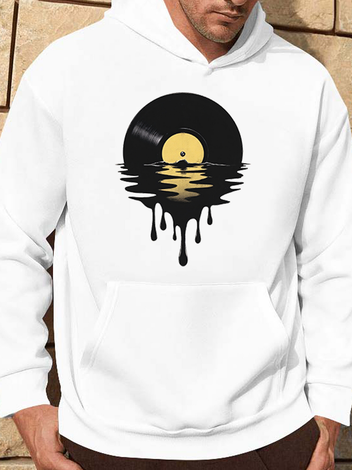 Men's Graphic Hoodie Surreal Melting Reflection With A Dripping Vinyl Record