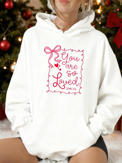 Women's Graphic Hoodie You Are So Loved Pink Ribbon Heart Framed With Charming Handwritten Text Hoodie