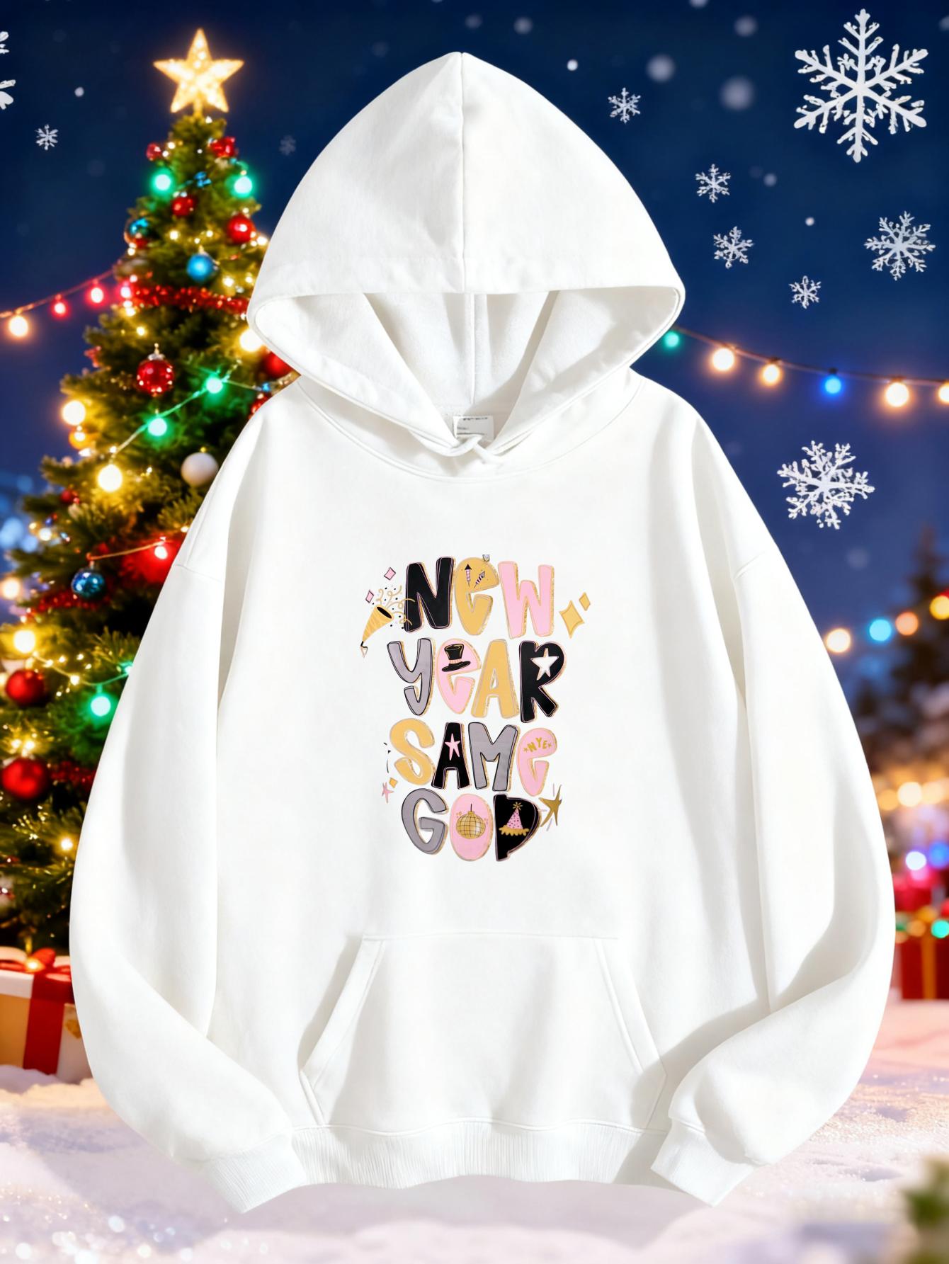 Women's Graphic Hoodie New Year Same Gold Stars With Letters Among Festive Snowflakes Hoodie