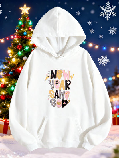 Women's Graphic Hoodie New Year Same Gold Stars With Letters Among Festive Snowflakes Hoodie
