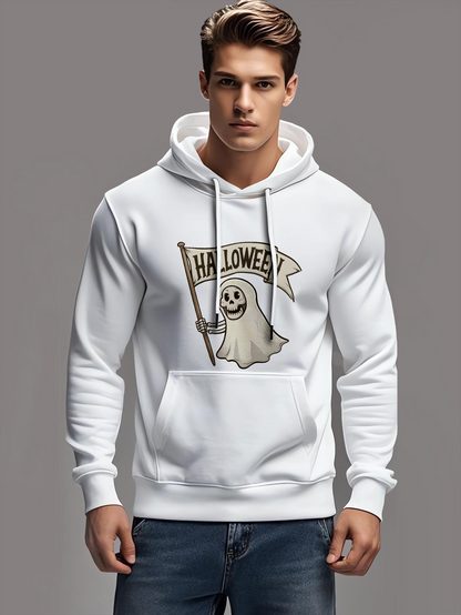 Men's Graphic Hoodie Halloween Banner With Smiling Ghost Cartoon Character
