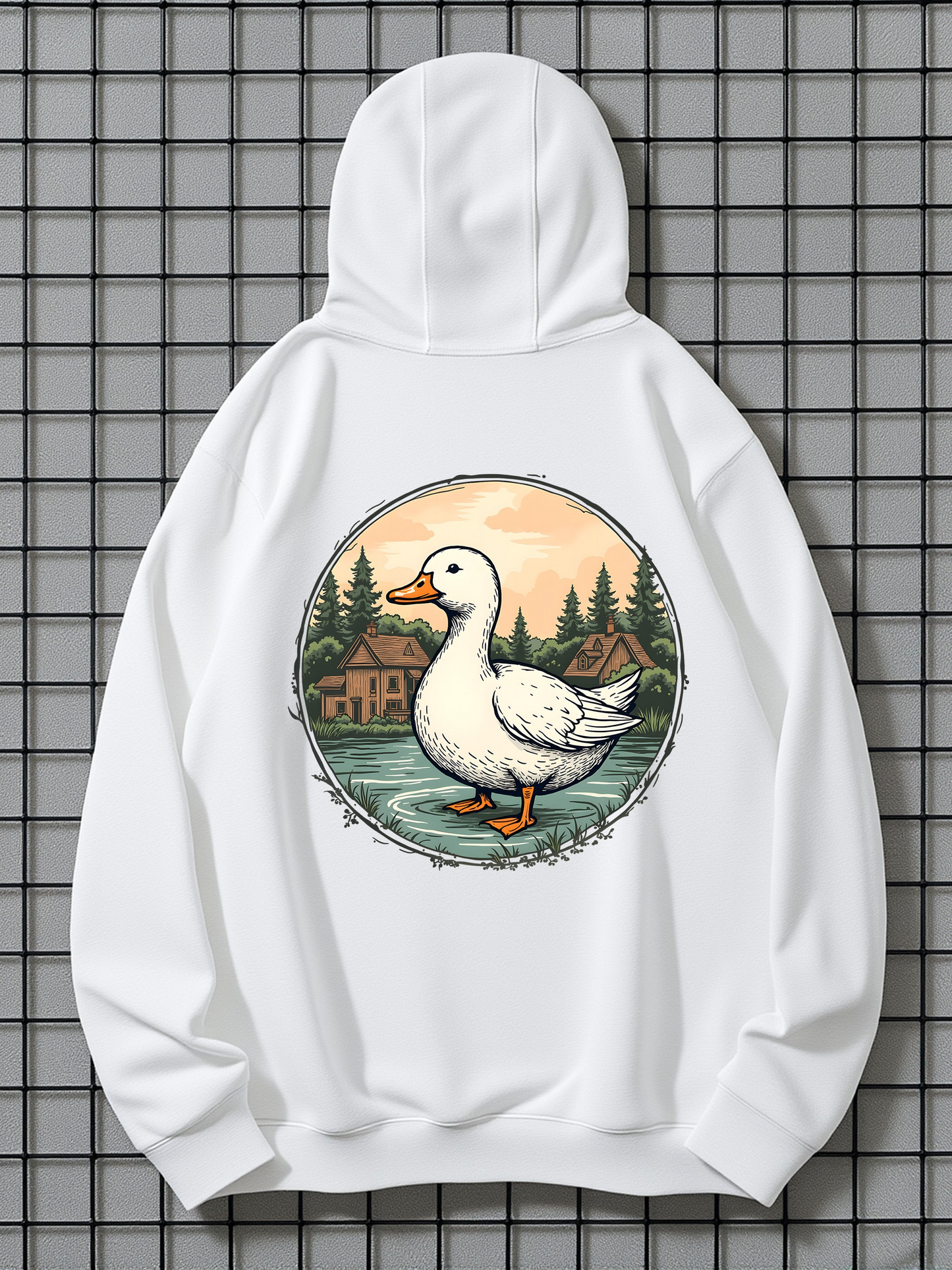 Men's Graphic Hoodie Peaceful Riverscape With Trees Houses And Calm White Duck