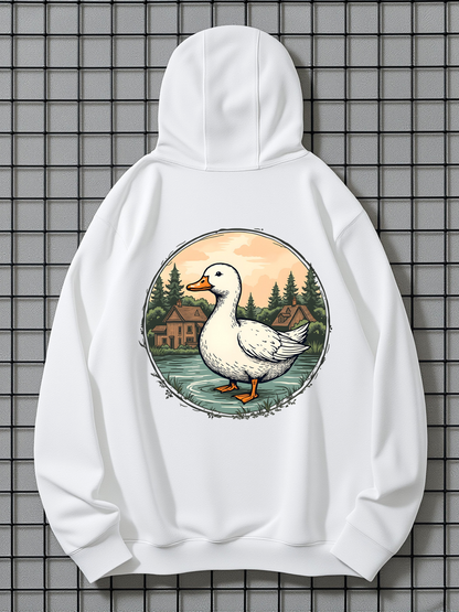 Men's Graphic Hoodie Peaceful Riverscape With Trees Houses And Calm White Duck