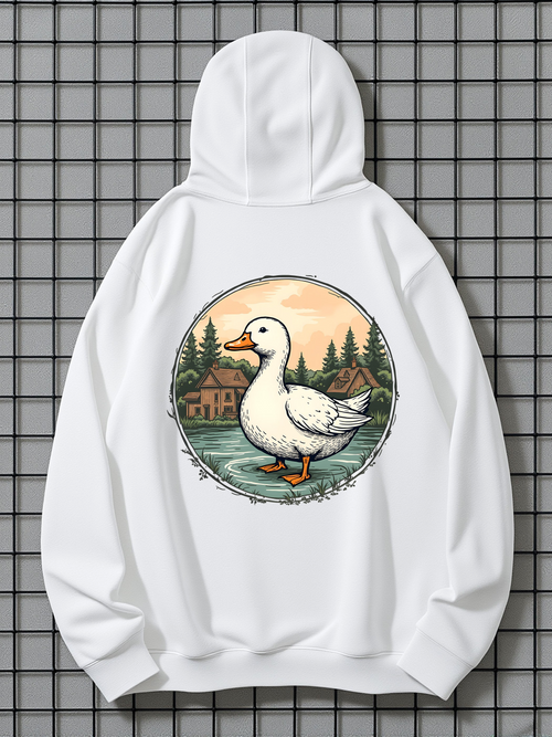 Men's Graphic Hoodie Peaceful Riverscape With Trees Houses And Calm White Duck