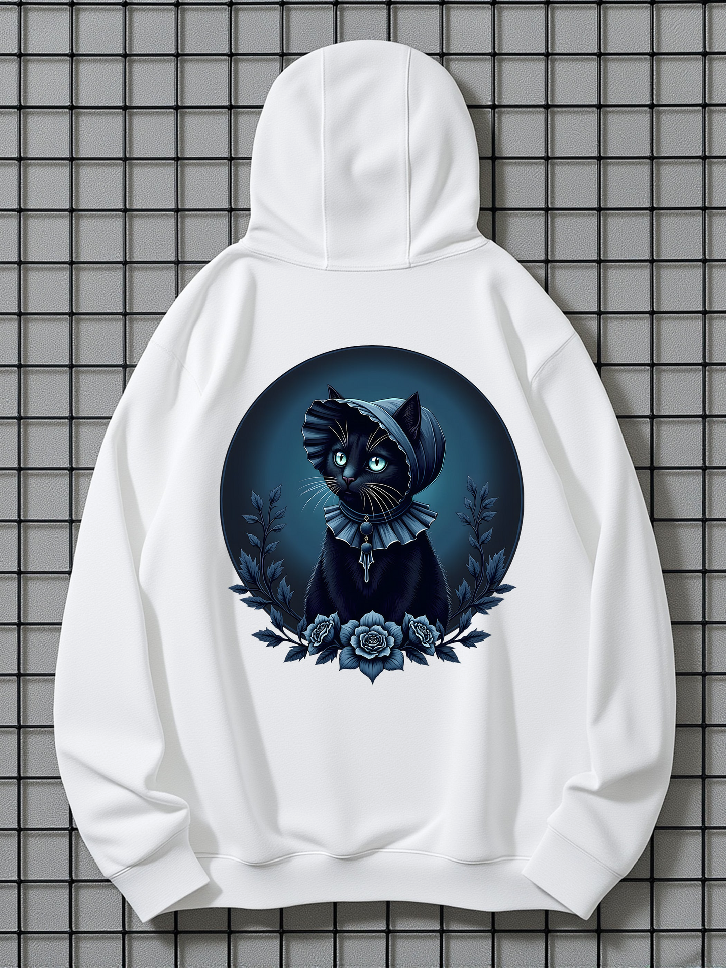 Men's Graphic Hoodie Mystical Night Garden With Blooming Flowers Surrounding Wise Cat