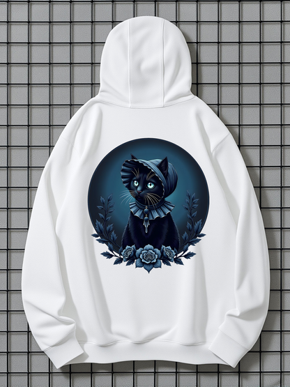 Men's Graphic Hoodie Mystical Night Garden With Blooming Flowers Surrounding Wise Cat