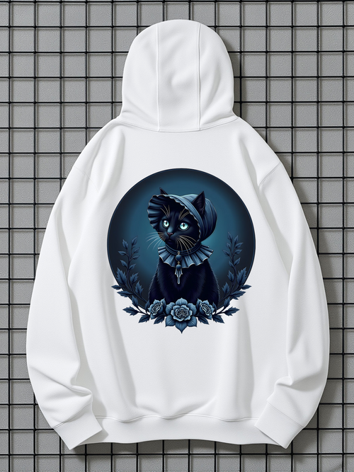 Men's Graphic Hoodie Mystical Night Garden With Blooming Flowers Surrounding Wise Cat