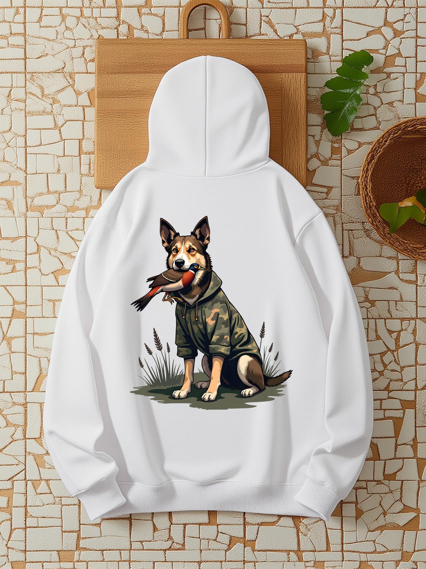 Women's Graphic Hoodie Camouflage Outfit On Playful Dog Sitting On Grass