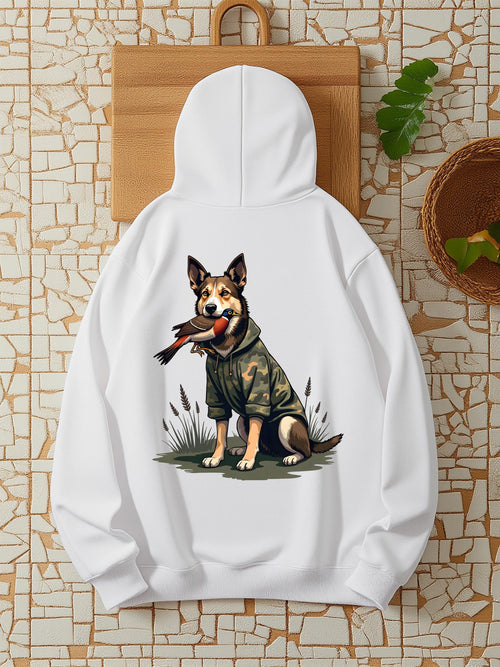 Women's Graphic Hoodie Camouflage Outfit On Playful Dog Sitting On Grass