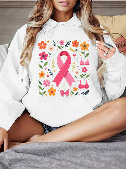 Women's Graphic Hoodie Blooming Floral Unity Surrounding A Pink Awareness Ribbon