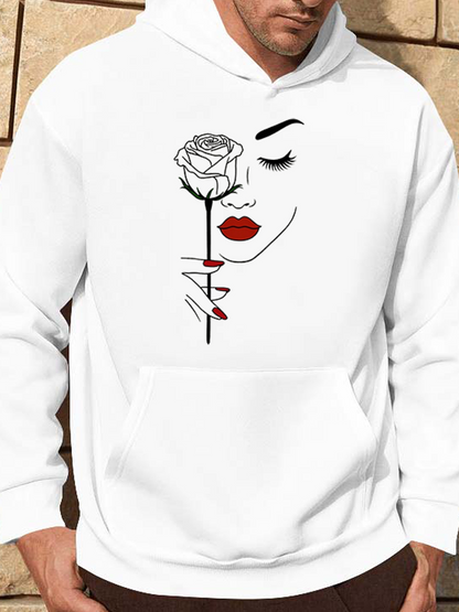 Men's Graphic Hoodie Black And Red Rose With Abstract Face Line Art Woman