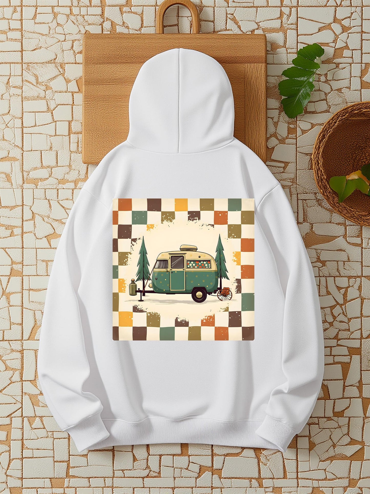 Women's Graphic Hoodie Retro Camping In Forest With Pine Trees Colorful Pattern Van