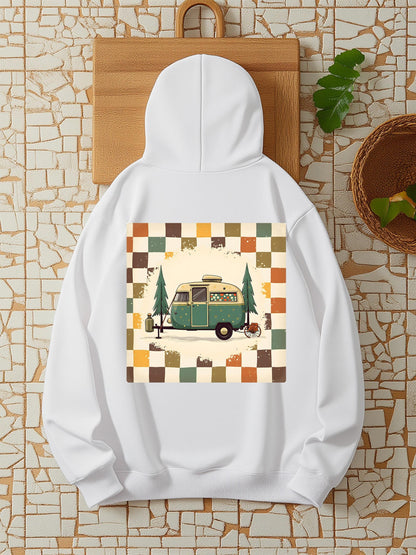 Women's Graphic Hoodie Retro Camping In Forest With Pine Trees Colorful Pattern Van