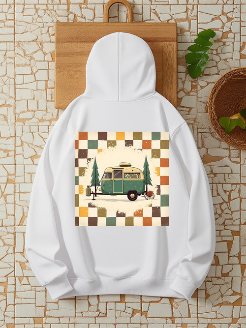 Women's Graphic Hoodie Retro Camping In Forest With Pine Trees Colorful Pattern Van