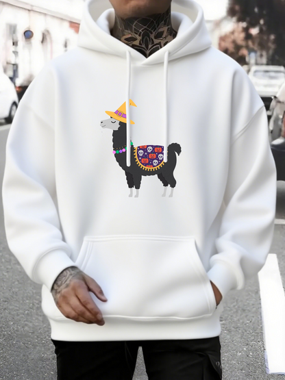 Men's Graphic Hoodie Colorful Blanket With Festive Hat Wearing Happy Black Llama