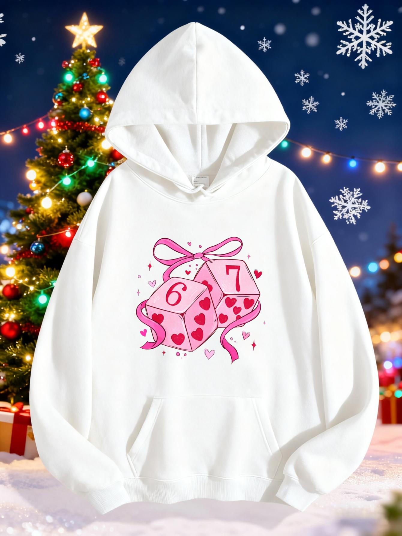Women's Graphic Hoodie Pink Ribbons With Dice Surrounded By Festive Winter Elements Dice
